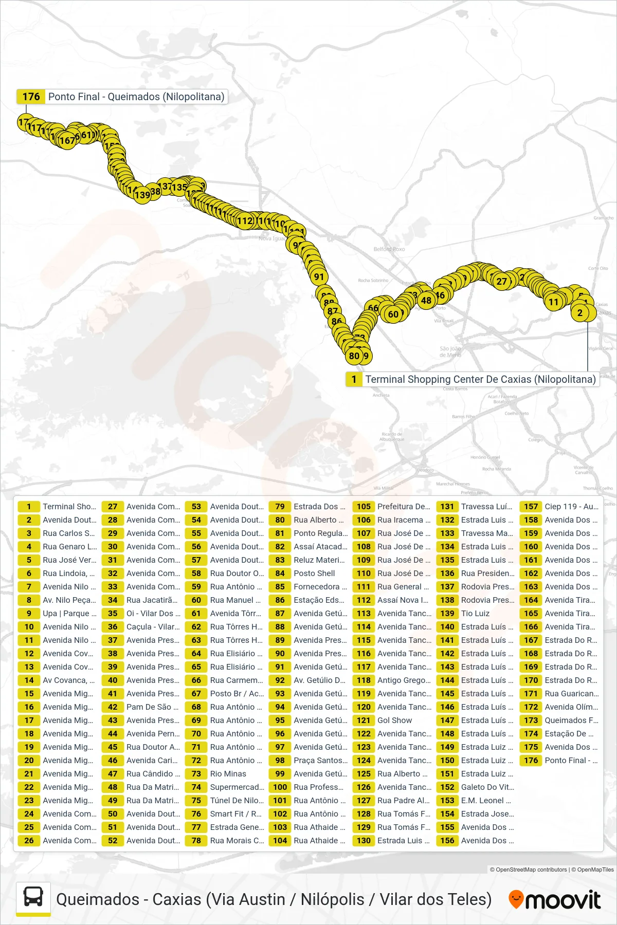 Rota e paradas da linha de ônibus 429 (Queimados) no mapa