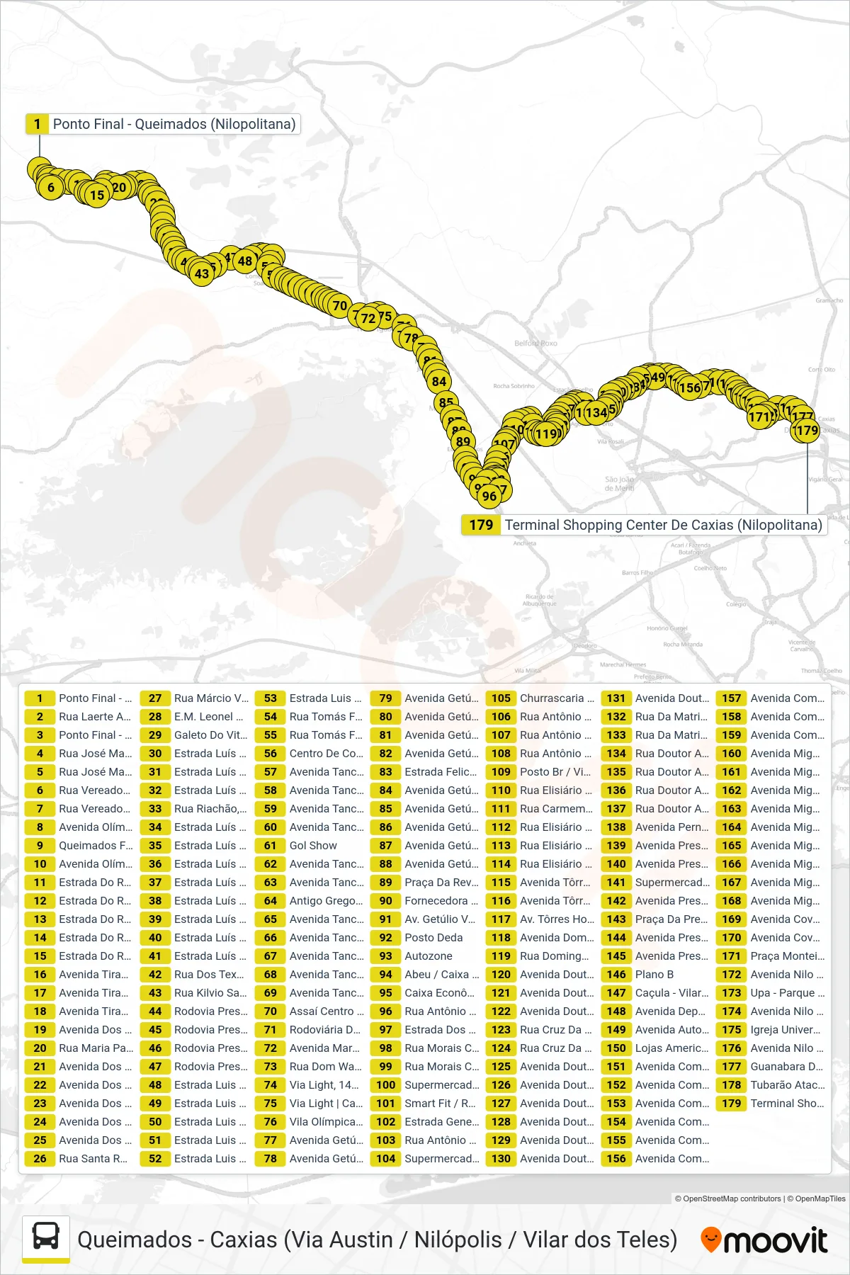 Rota e paradas da linha de ônibus 429 (Caxias) no mapa