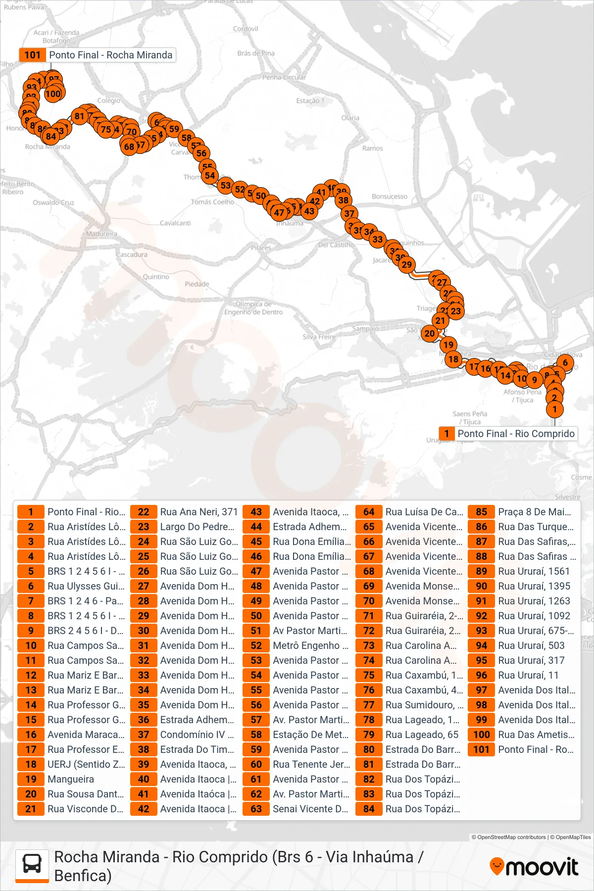 Rota e paradas da linha de ônibus 711 (Rocha Miranda) no mapa