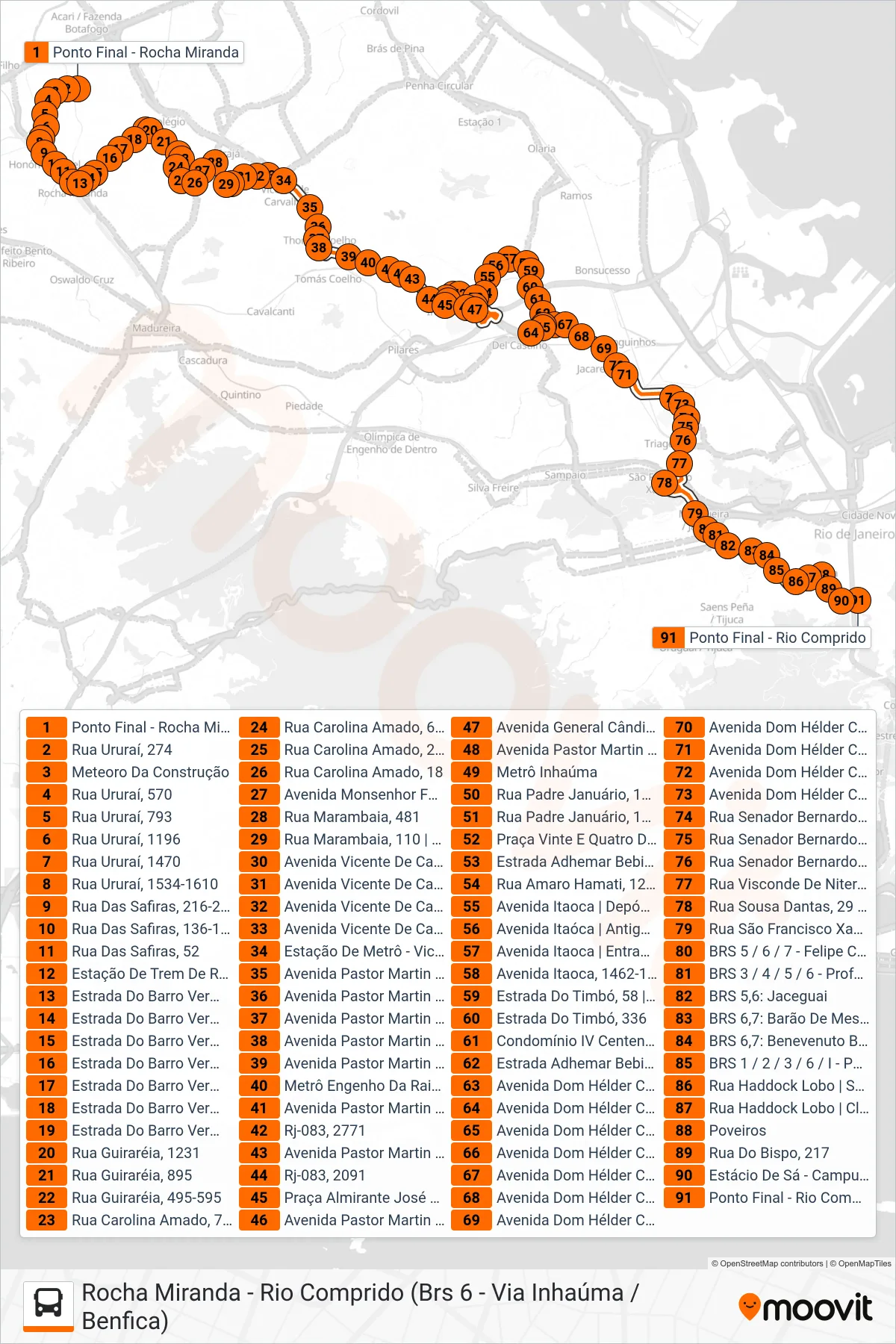 Rota e paradas da linha de ônibus 711 (Rio Comprido) no mapa