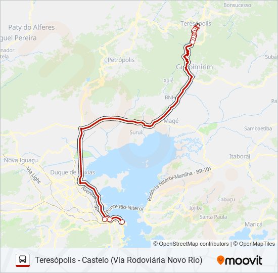 Mapa da linha TERESÓPOLIS - CASTELO (VIA RODOVIÁRIA NOVO RIO) de ônibus