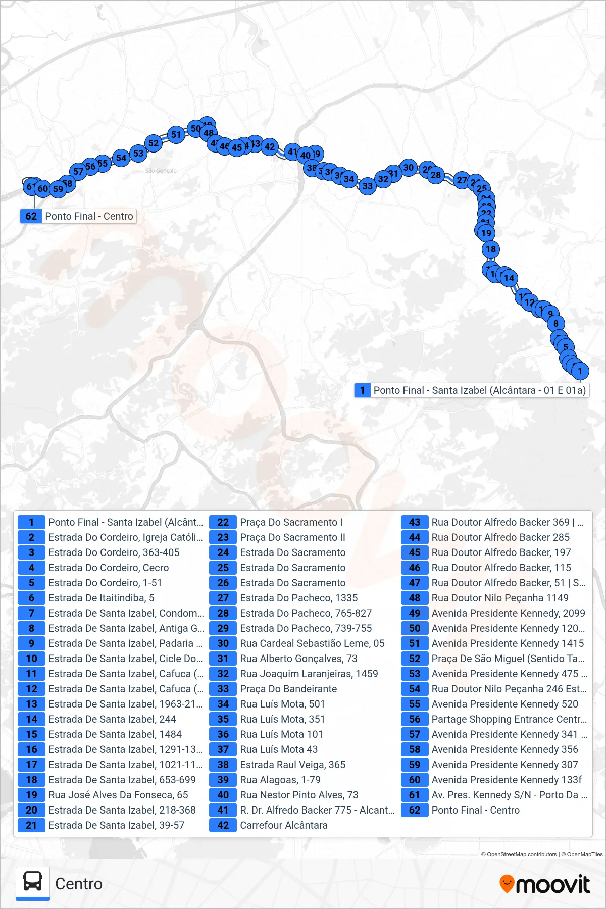 Rota e paradas da linha de ônibus 01 (Centro) no mapa
