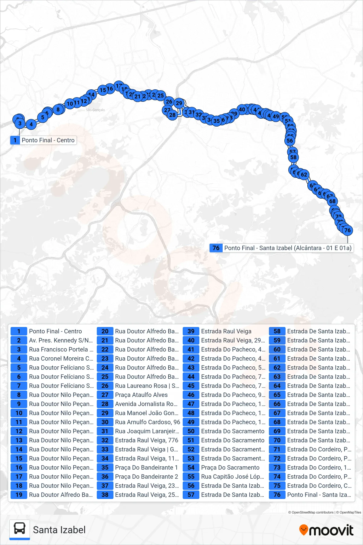 Rota e paradas da linha de ônibus 01 (Santa Izabel) no mapa