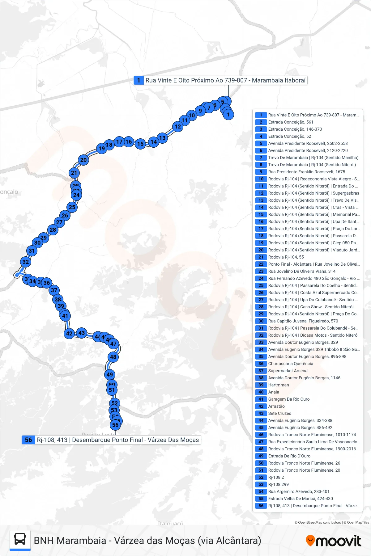 Rota e paradas da linha de ônibus 04 (Várzea Das Moças) no mapa
