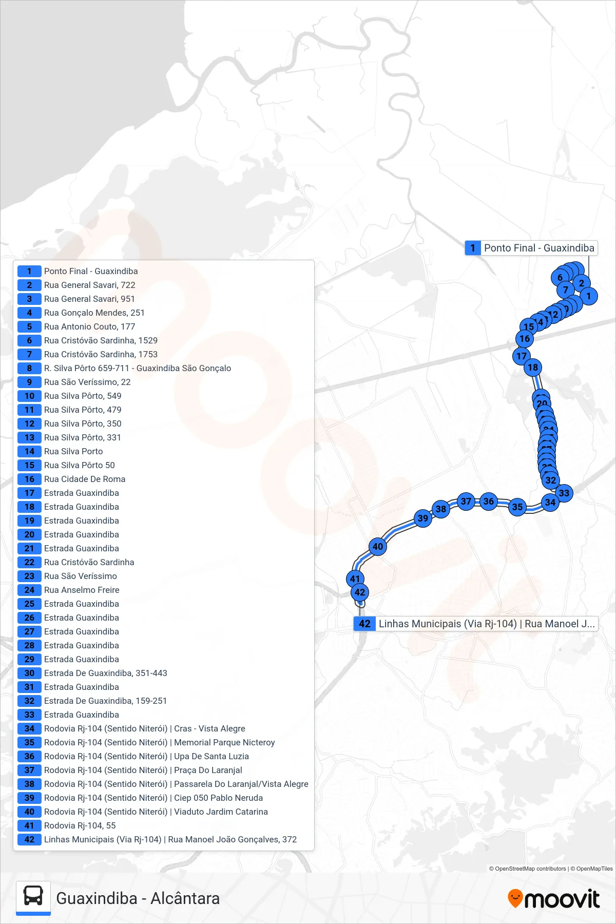 Rota e paradas da linha de ônibus 07A (Alcântara) no mapa