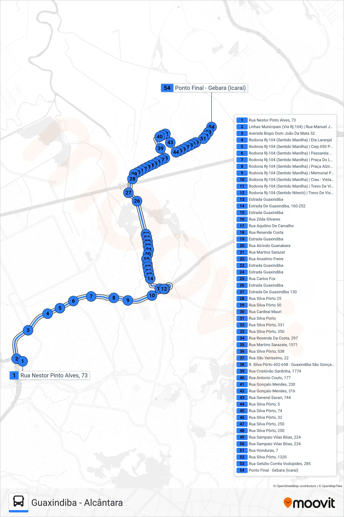 Rota e paradas da linha de ônibus 07A (Guaxindiba) no mapa