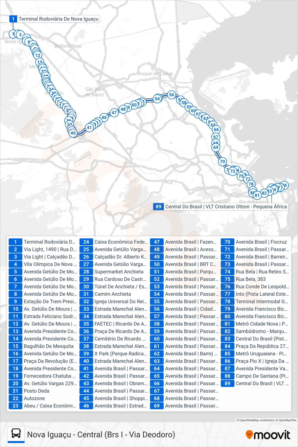 Rota e paradas da linha de ônibus 133 (Central (Via Candelária)) no mapa