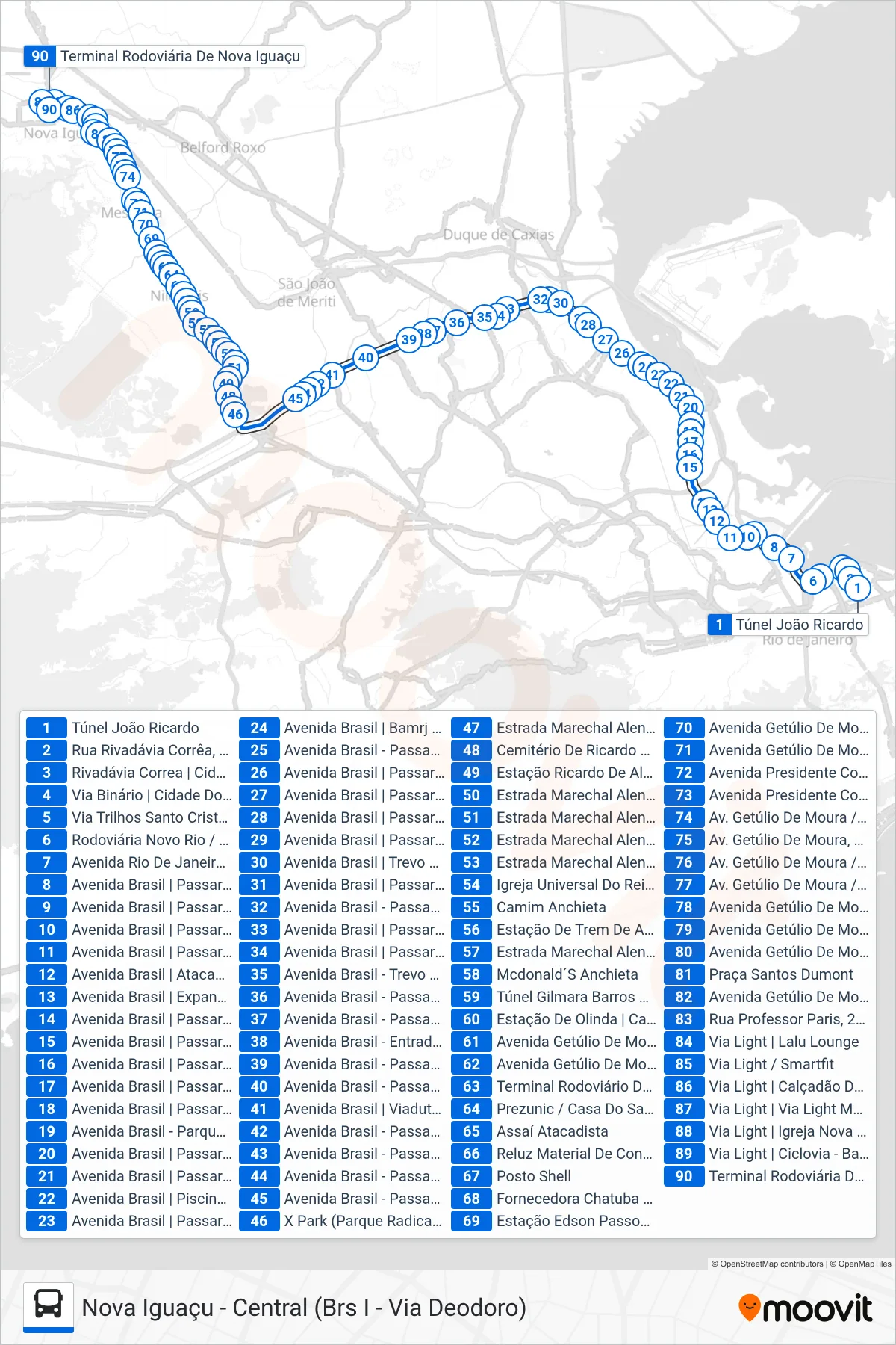 Rota e paradas da linha de ônibus 133 (Nova Iguaçu) no mapa