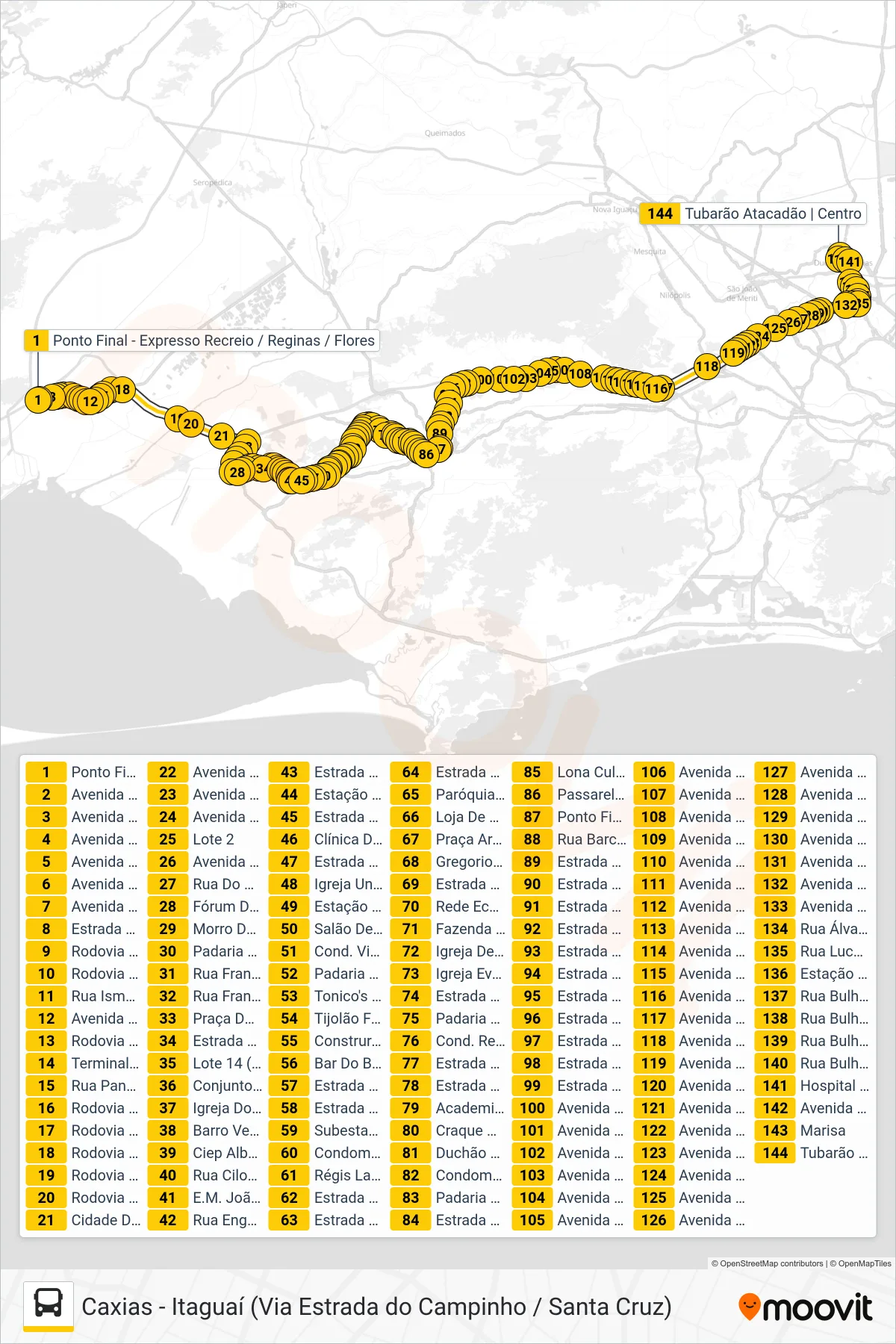 Rota e paradas da linha de ônibus 121T (Caxias) no mapa