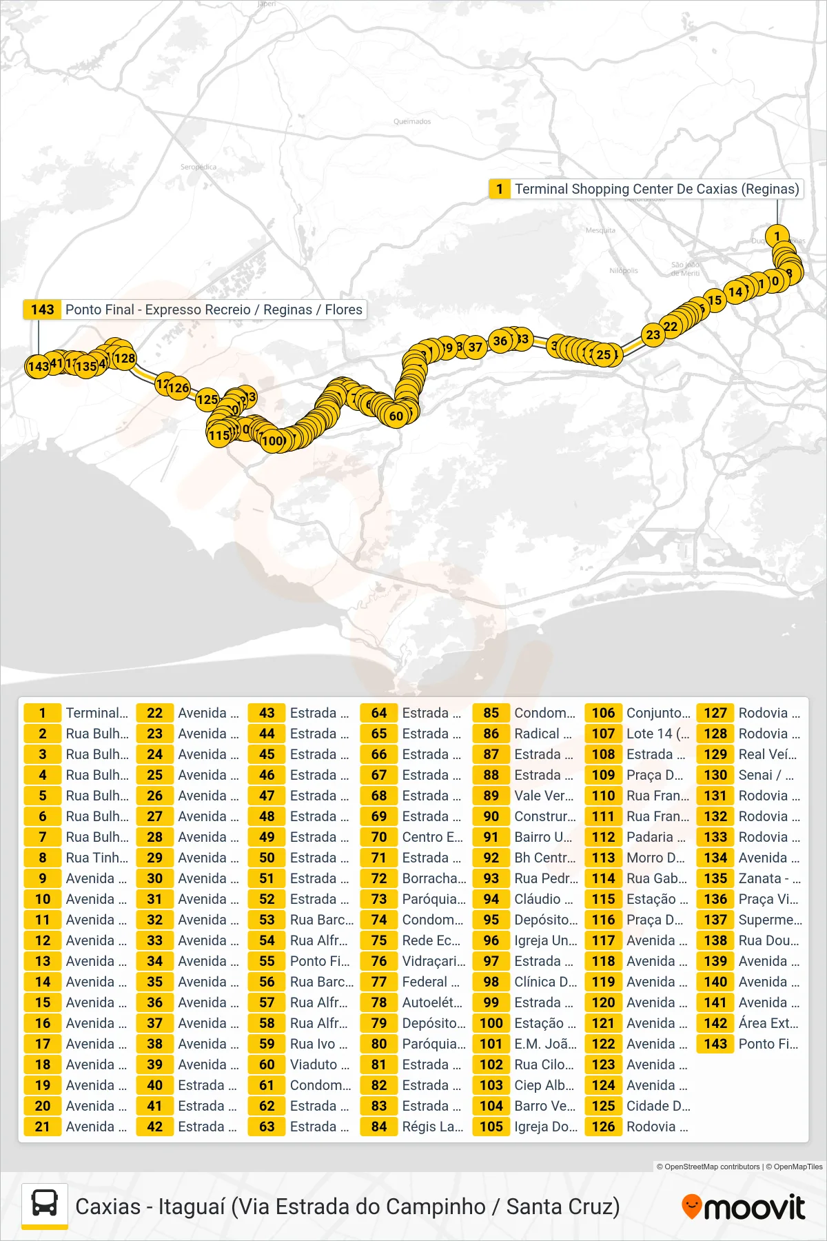 Rota e paradas da linha de ônibus 121T (Itaguaí) no mapa