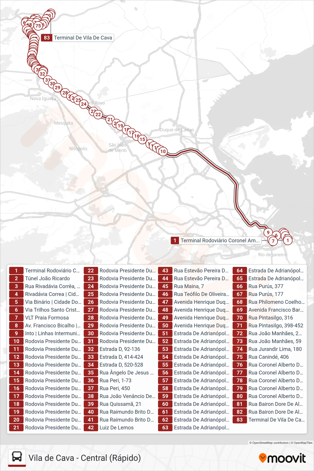 Rota e paradas da linha de ônibus 2492B (EXECUTIVO) (Vila De Cava) no mapa