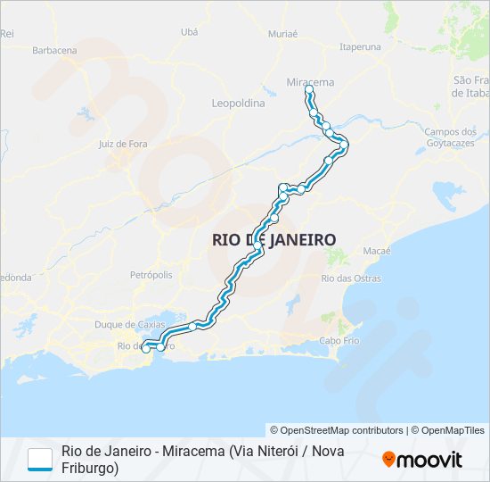 Mapa da linha RIO DE JANEIRO - MIRACEMA (VIA NITERÓI / NOVA FRIBURGO) de ônibus