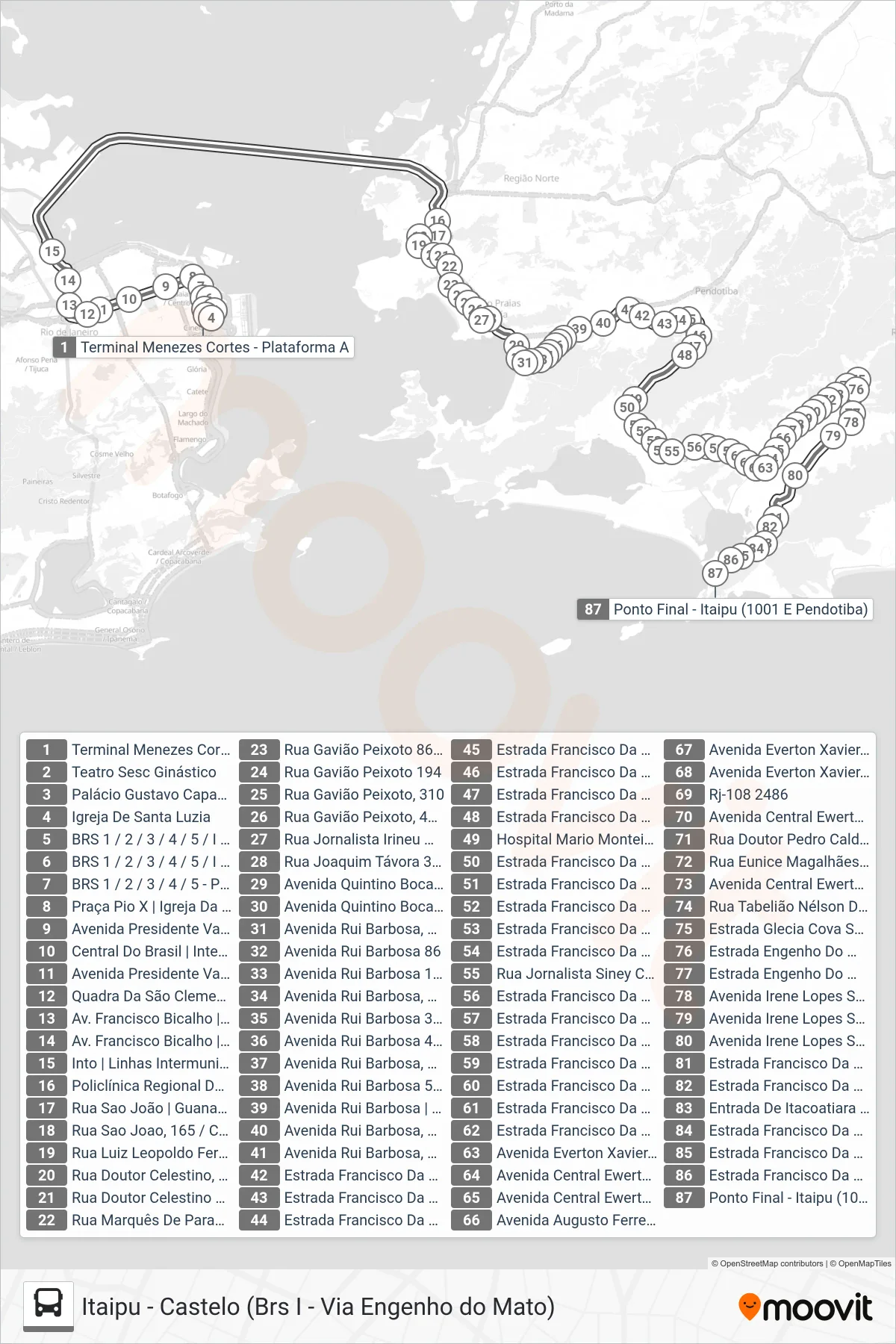 Rota e paradas da linha de ônibus 1910D (EXECUTIVO) (Itaipu (Via Presidente Vargas)) no mapa