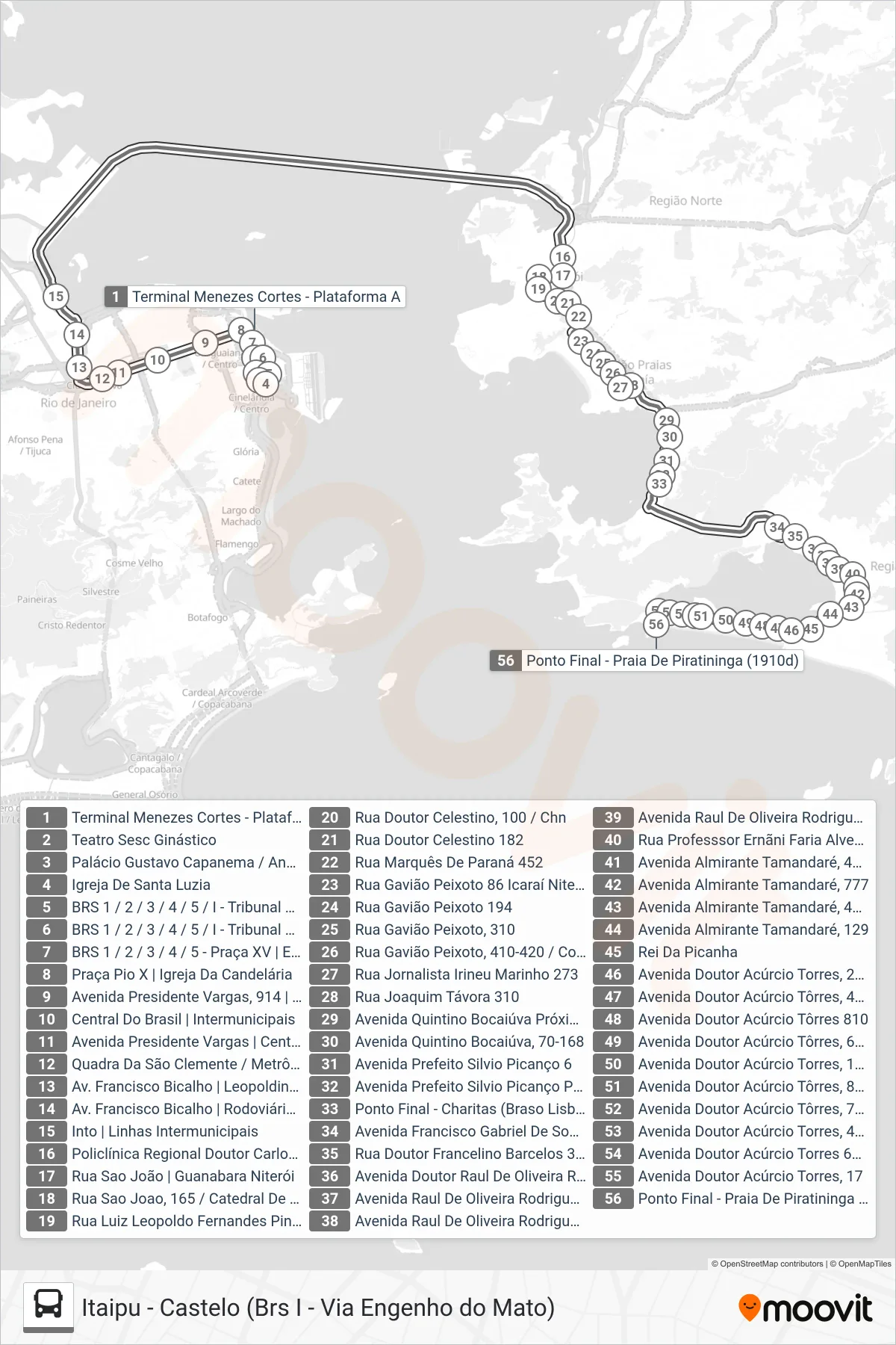Rota e paradas da linha de ônibus  1910D (EXECUTIVO)  (Piratininga) no mapa
