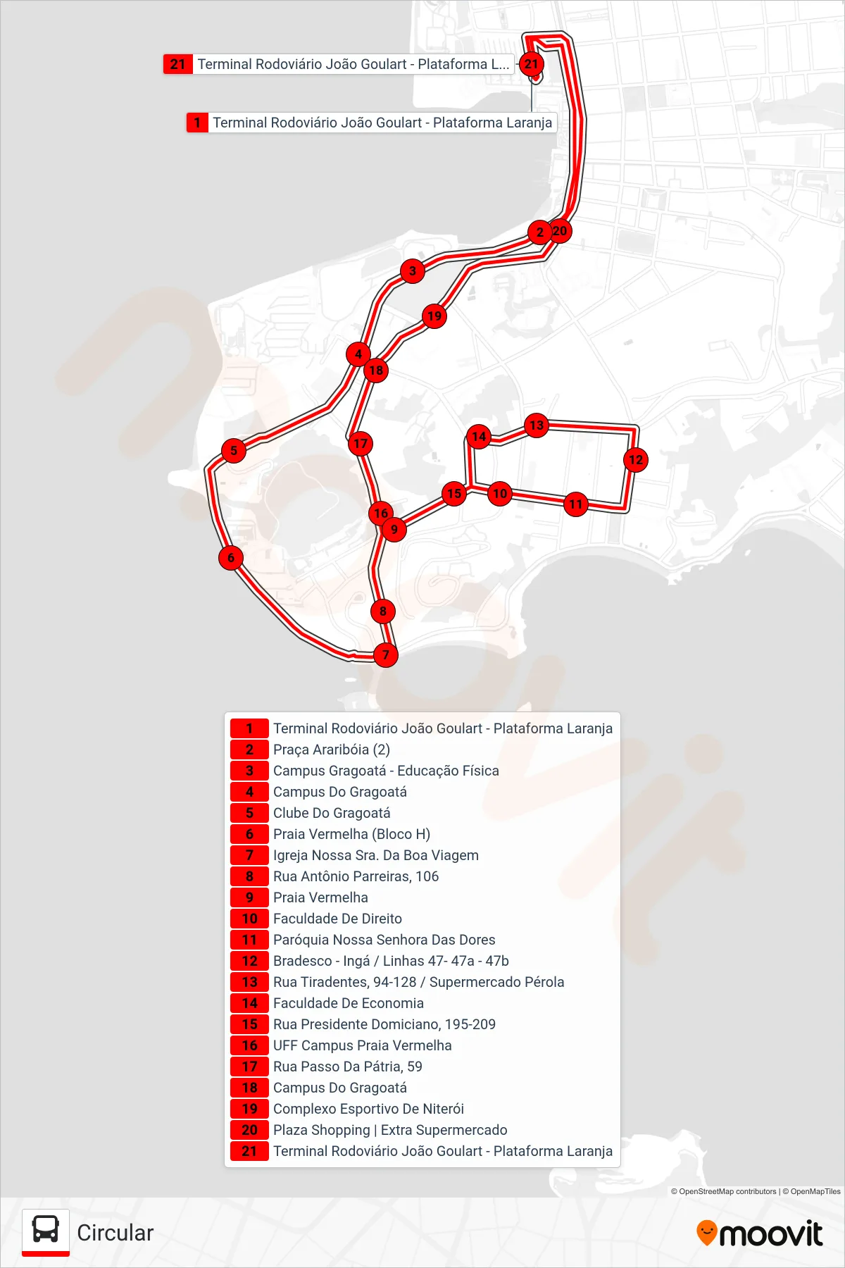 Rota e paradas da linha de ônibus 47-A (Circular) no mapa
