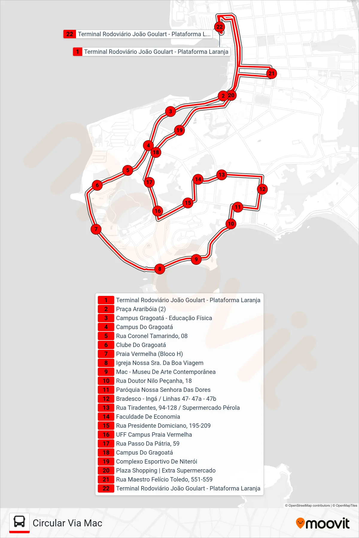 Rota e paradas da linha de ônibus  47-B  (Circular Via Mac) no mapa