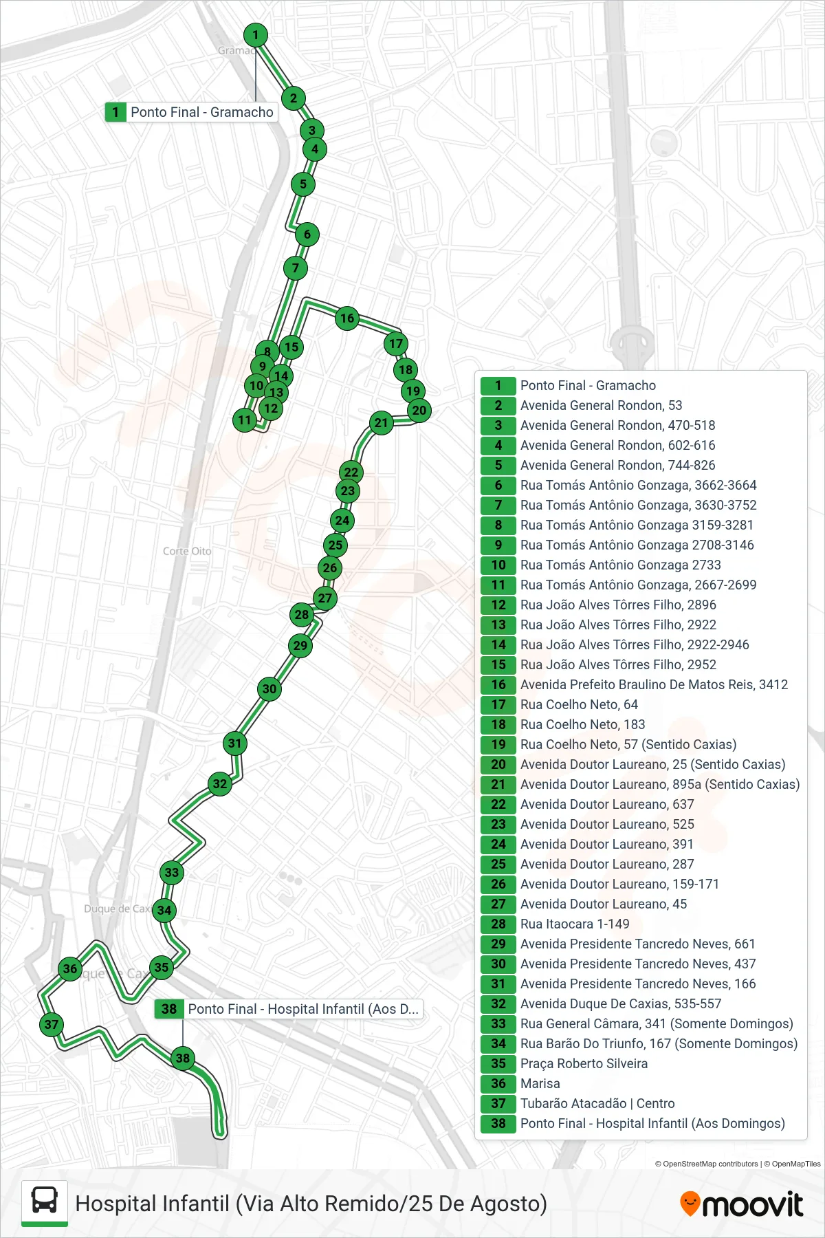 Rota e paradas da linha de ônibus 14 (Hospital Infantil (Via Alto Remido/25 De Agosto)) no mapa