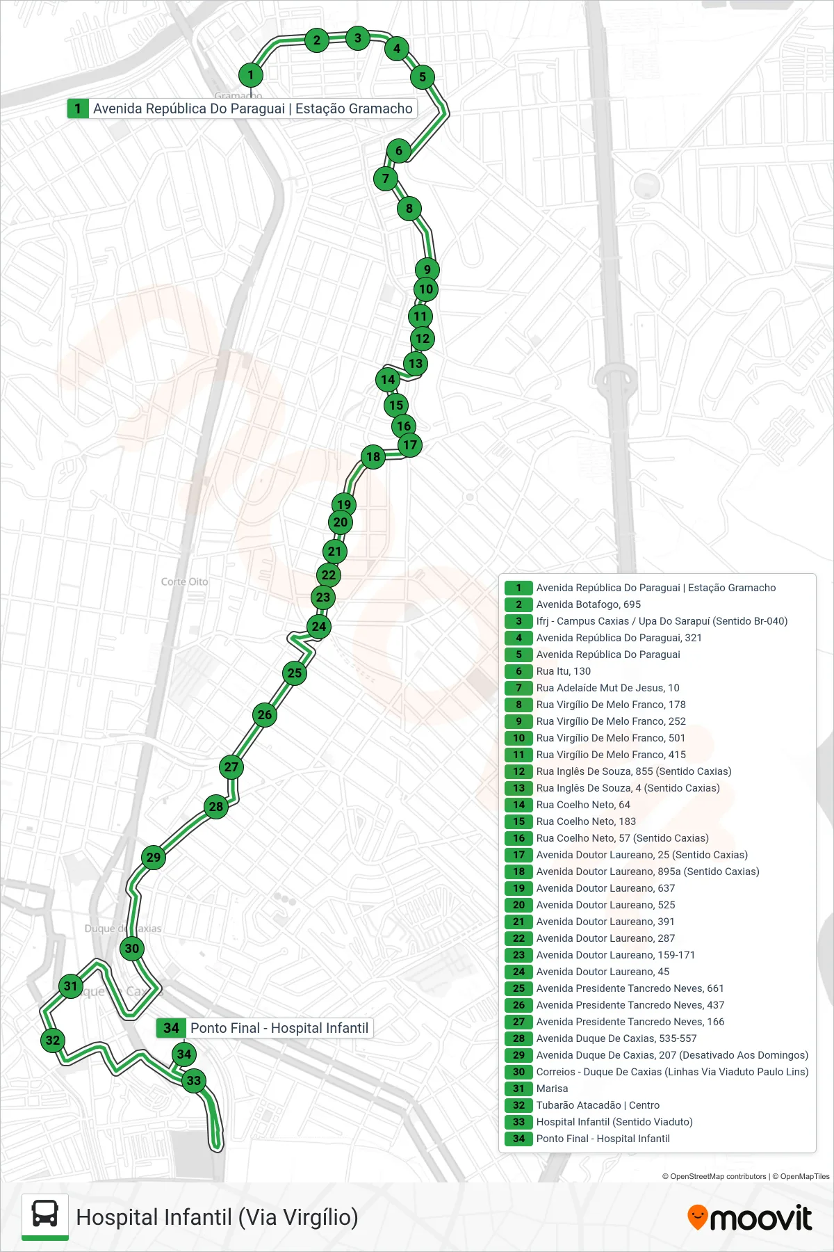 Rota e paradas da linha de ônibus 14 (Hospital Infantil (Via Virgílio)) no mapa