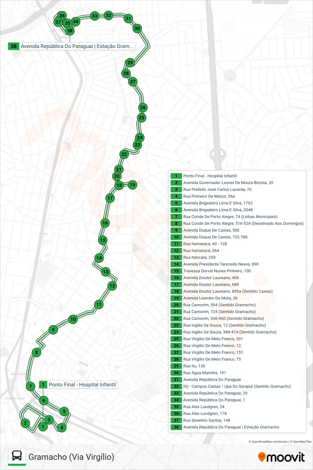 14 bus Line (Gramacho (Via Virgílio)) route and stops on a map