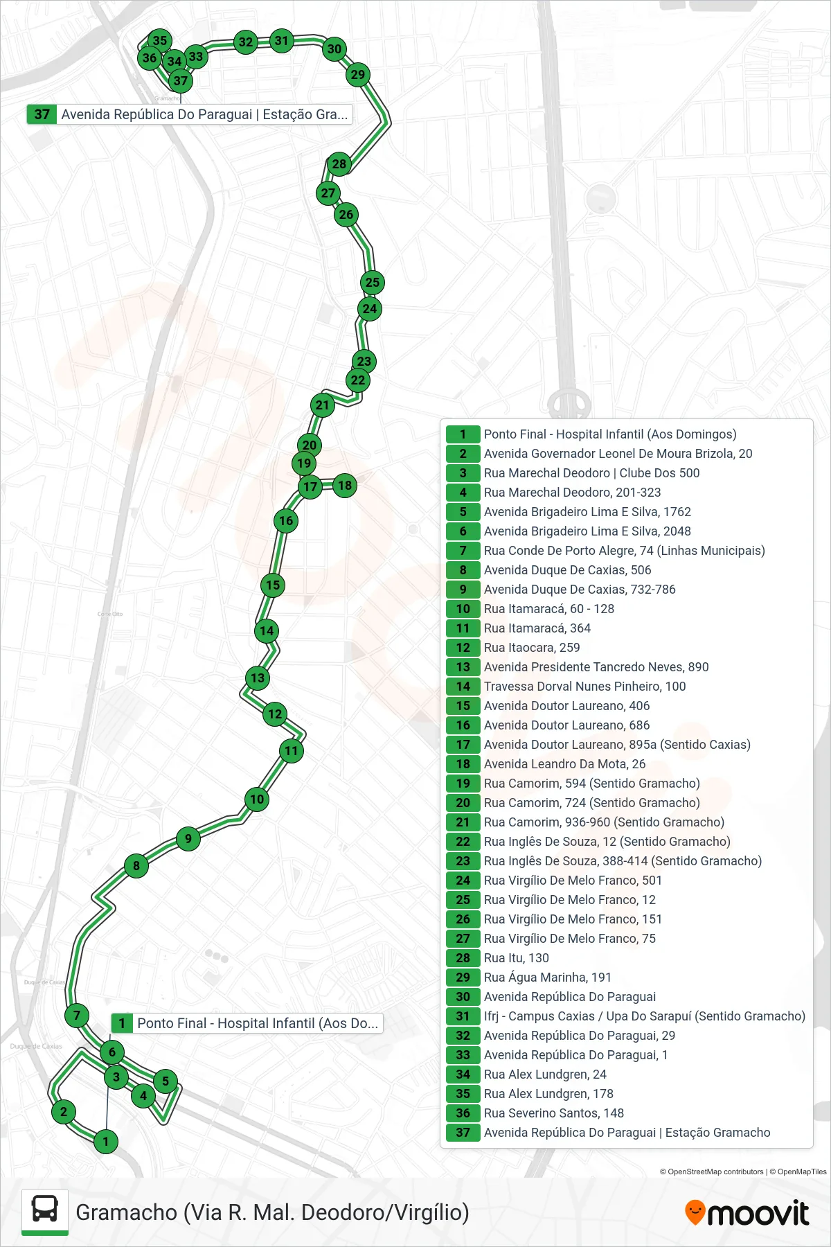 Rota e paradas da linha de ônibus 14 (Gramacho (Via R. Mal. Deodoro/Virgílio)) no mapa