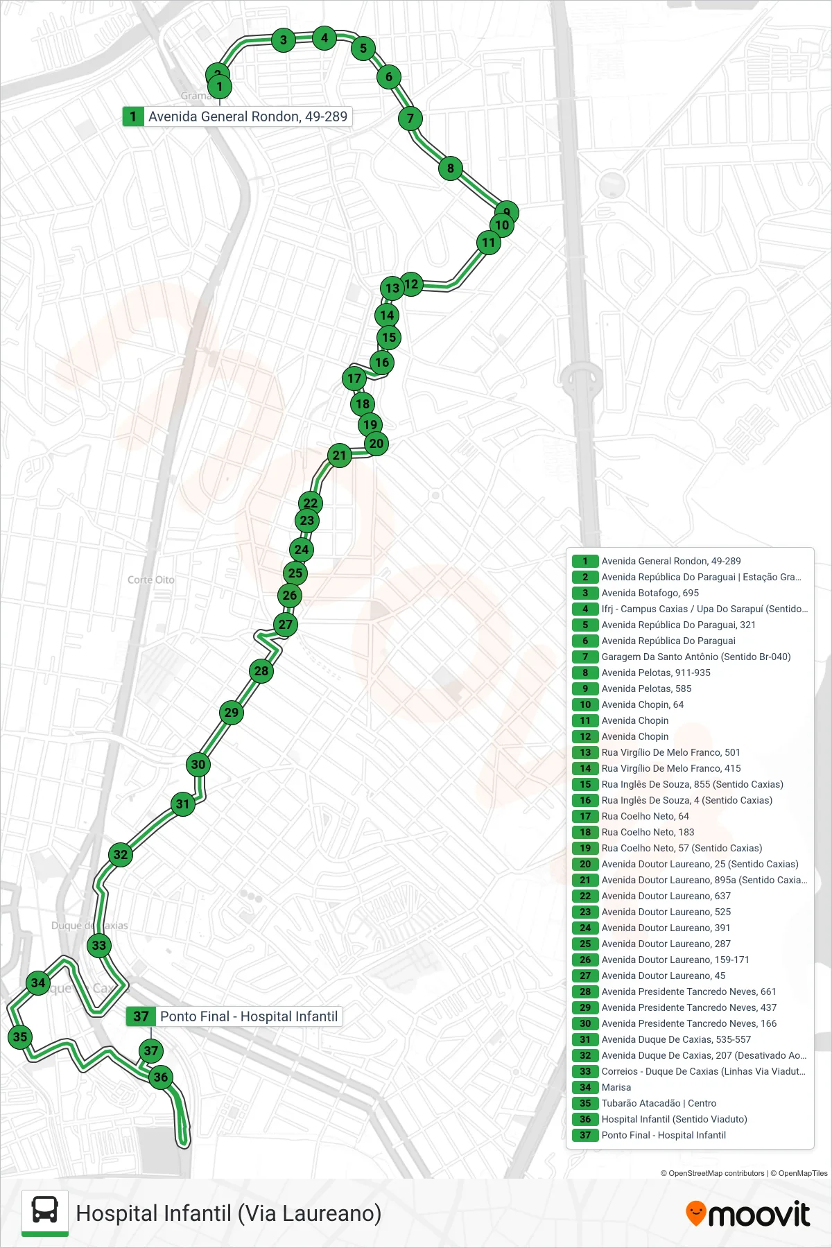 Rota e paradas da linha de ônibus 14 (Hospital Infantil (Via Laureano)) no mapa