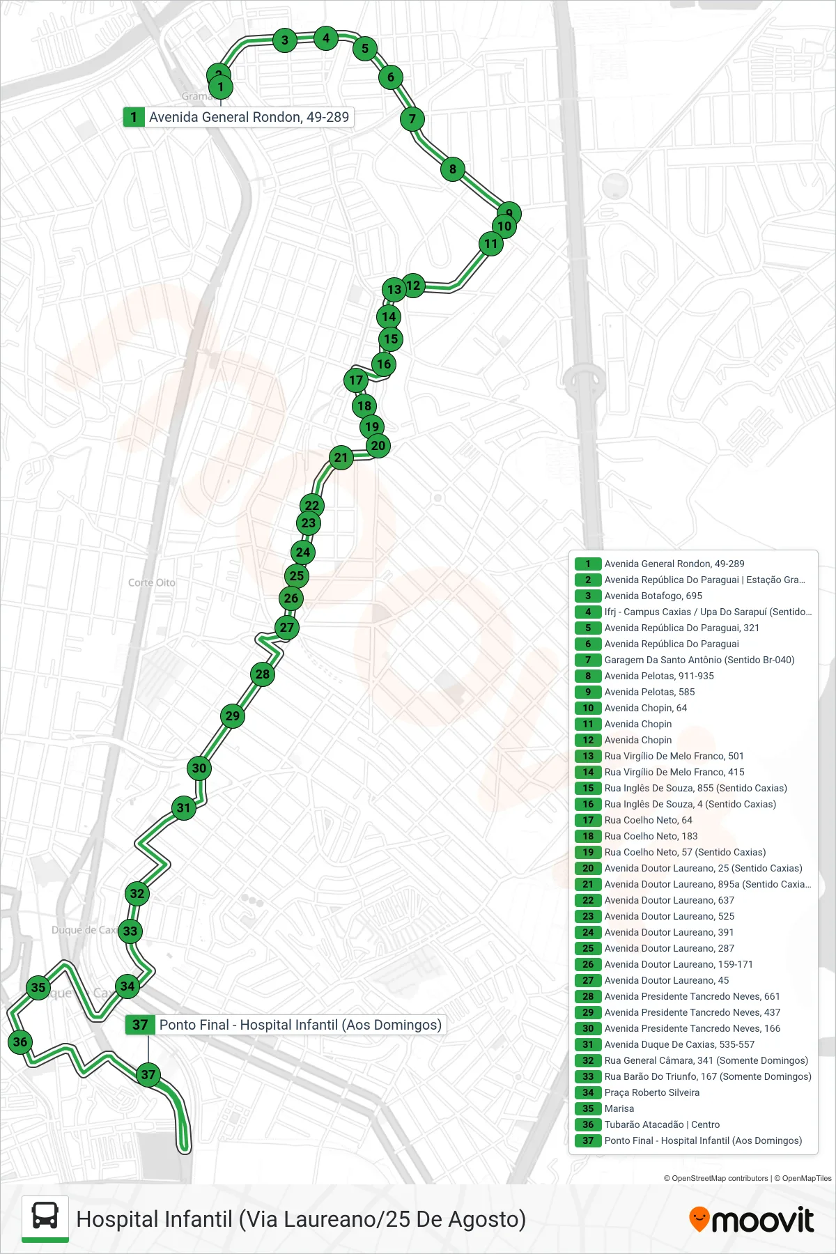 14 bus Line (Hospital Infantil (Via Laureano/25 De Agosto)) route and stops on a map