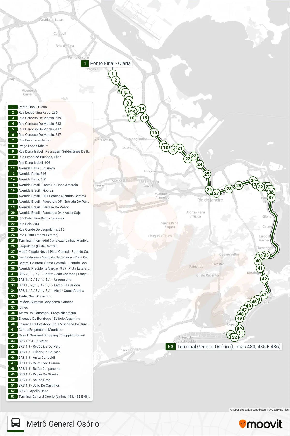 Rota e paradas da linha de ônibus 484 (Metrô General Osório) no mapa