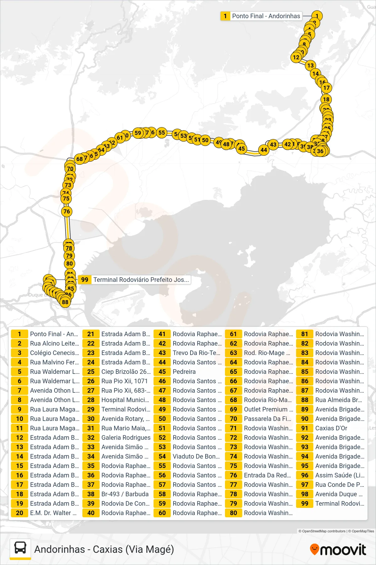 Rota e paradas da linha de ônibus 465C (Caxias (Via Magé)) no mapa