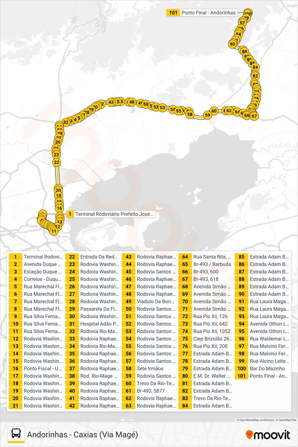 Rota e paradas da linha de ônibus 465C (Andorinhas (Via Magé)) no mapa