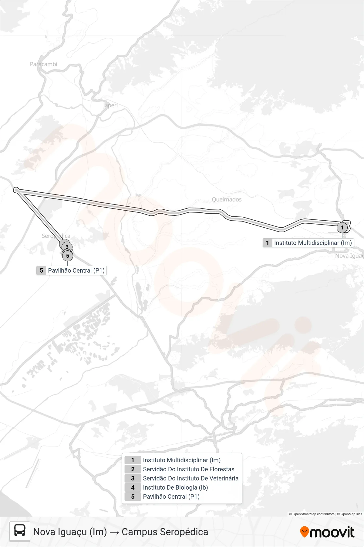 CIRCULAR UFRRJ bus Line (Nova Iguaçu (Im) → Campus Seropédica) route and stops on a map