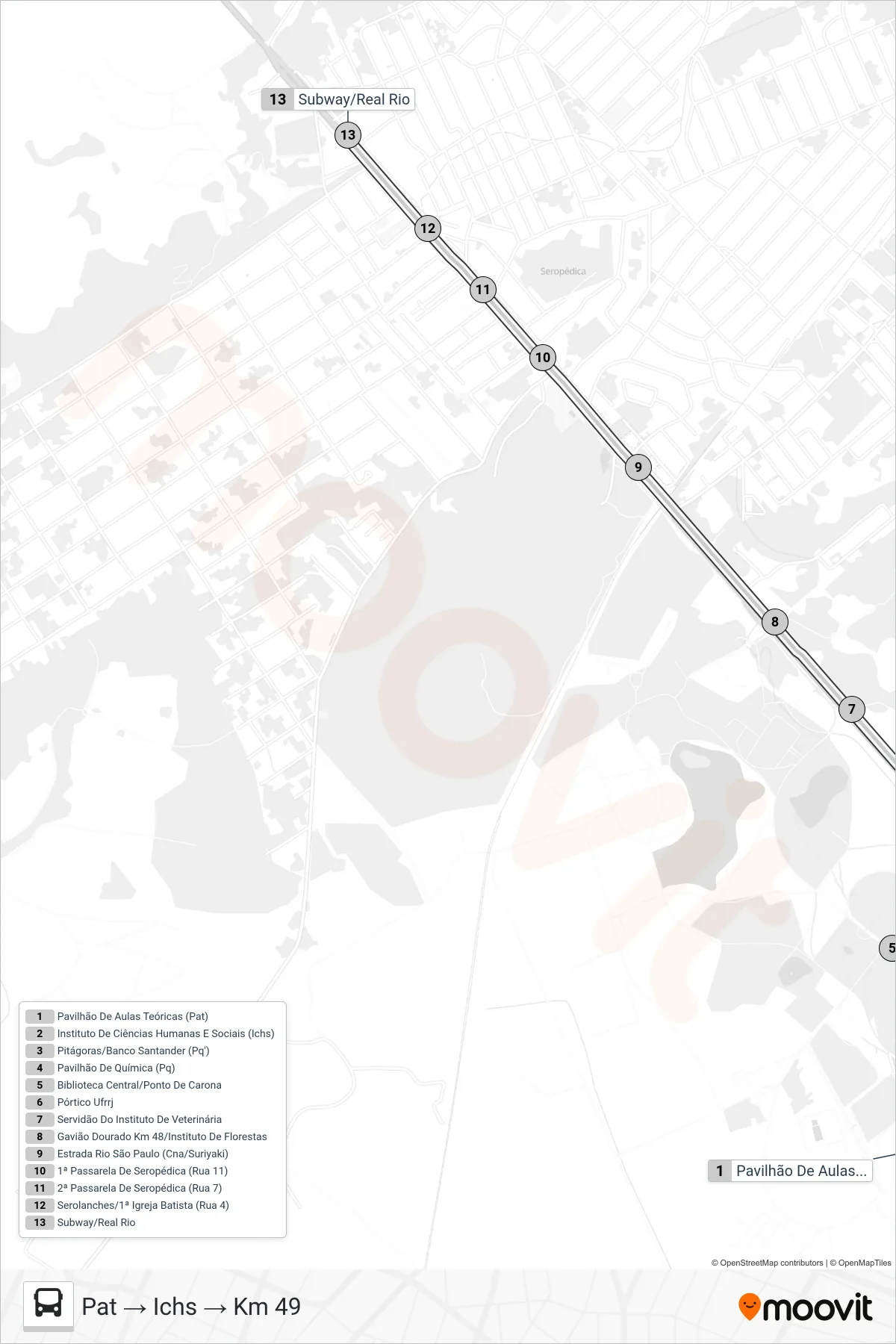 CIRCULAR UFRRJ bus Line (Pat → Ichs → Km 49) route and stops on a map