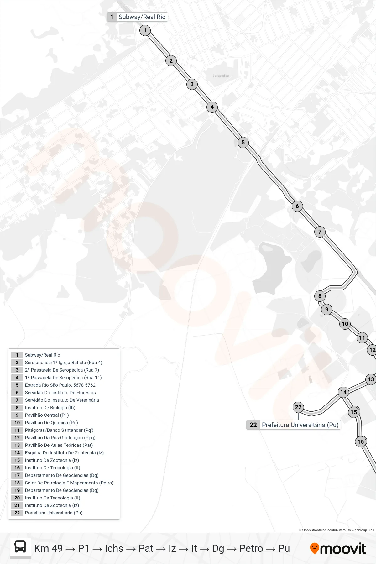 CIRCULAR UFRRJ bus Line (Km 49 → P1 → Ichs → Pat → Iz → It → Dg → Petro → Pu) route and stops on a map