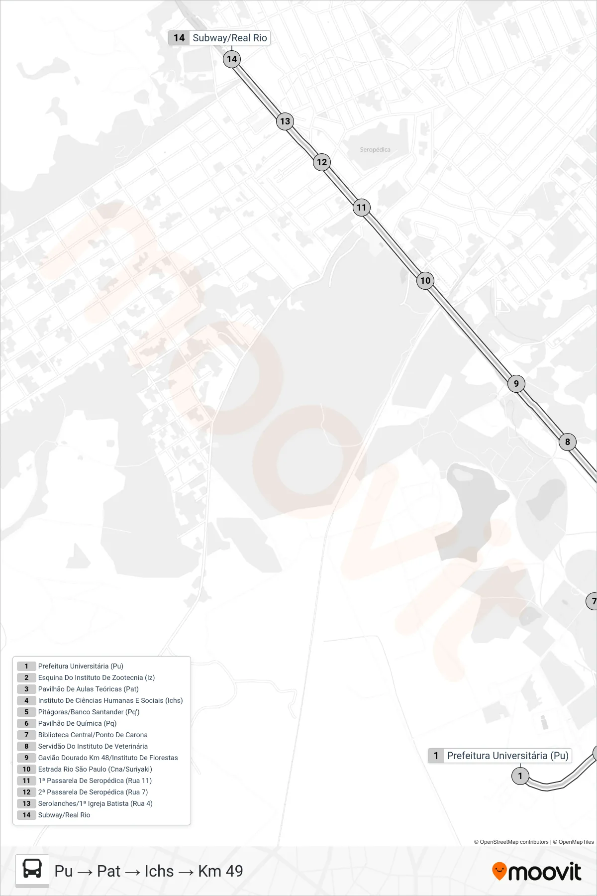 CIRCULAR UFRRJ bus Line (Pu → Pat → Ichs → Km 49) route and stops on a map