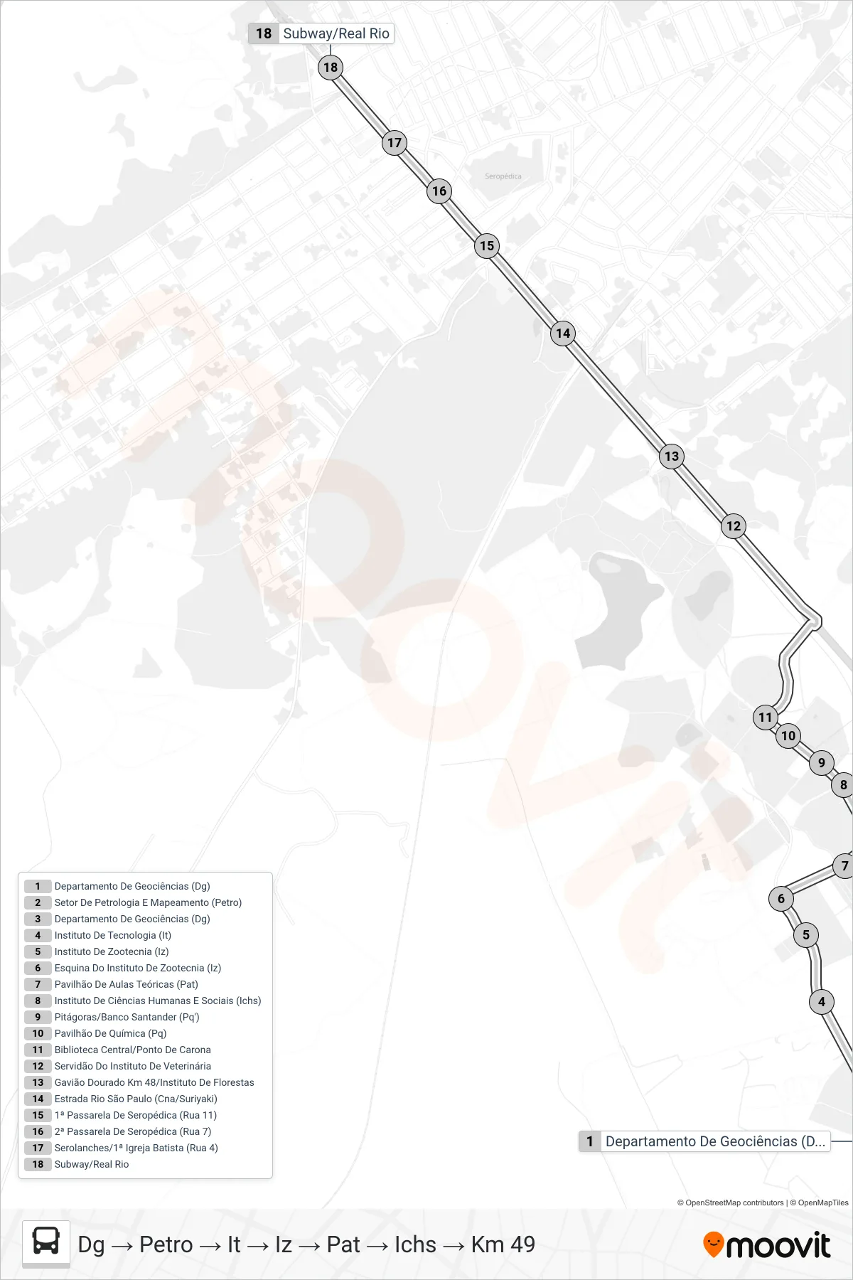CIRCULAR UFRRJ bus Line (Dg → Petro → It → Iz → Pat → Ichs → Km 49) route and stops on a map