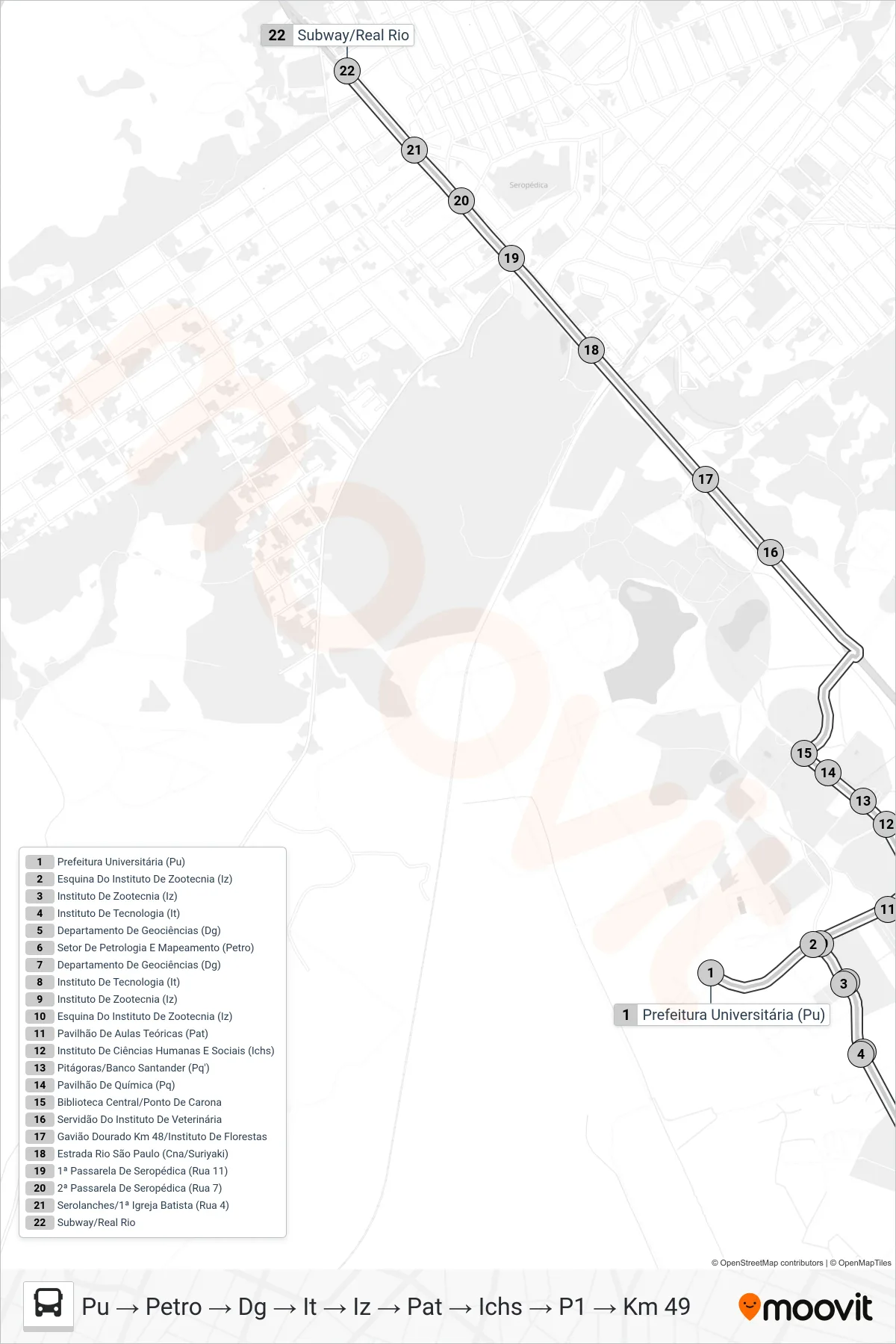 CIRCULAR UFRRJ bus Line (Pu → Petro → Dg → It → Iz → Pat → Ichs → P1 → Km 49) route and stops on a map