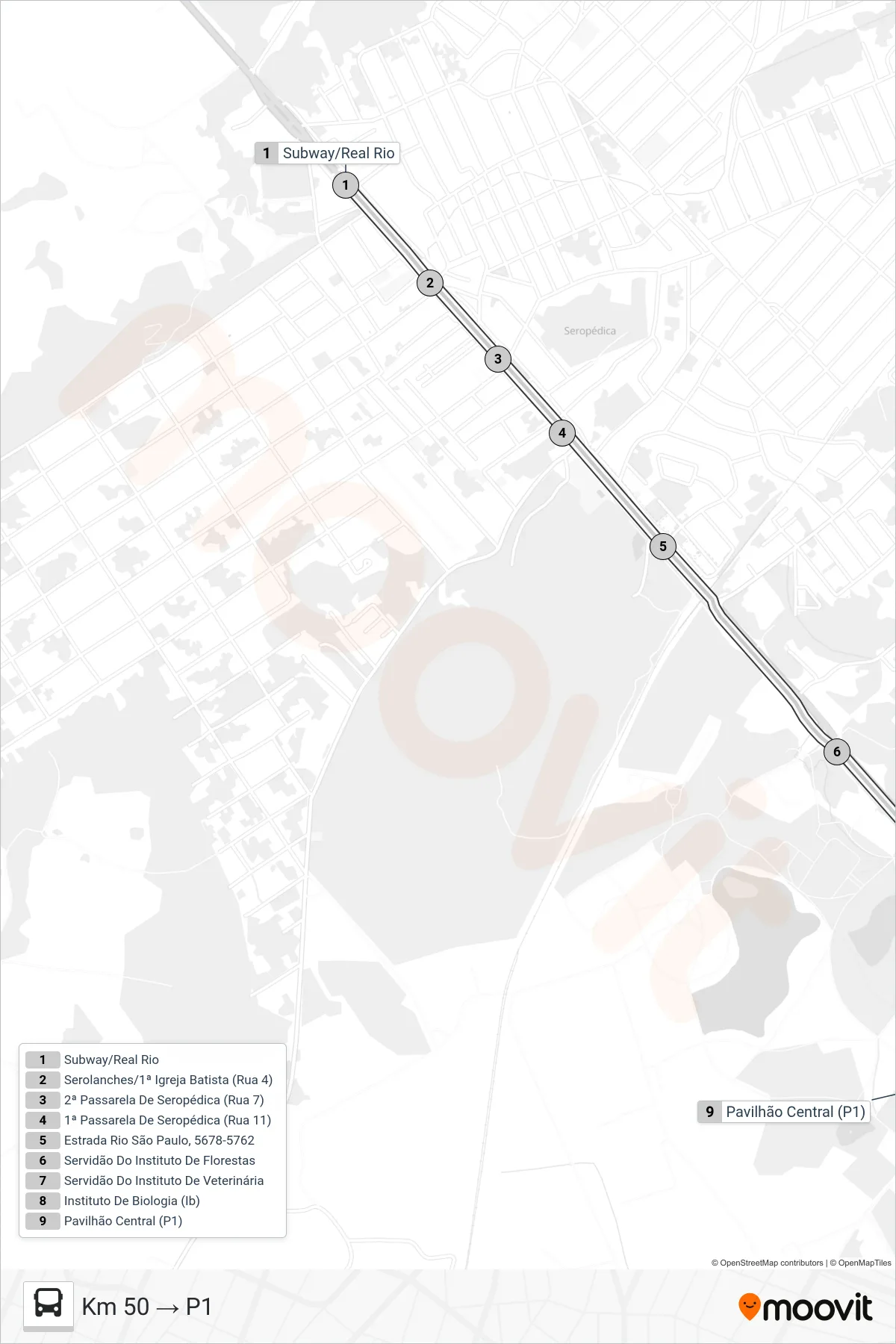 CIRCULAR UFRRJ bus Line (Km 50 → P1) route and stops on a map