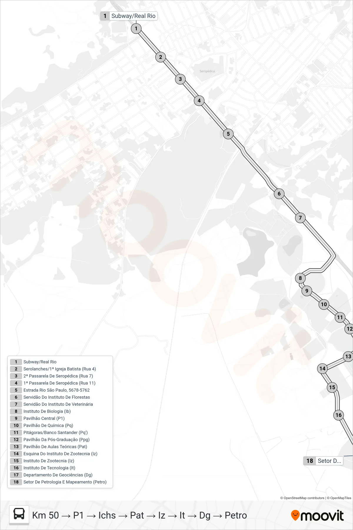 CIRCULAR UFRRJ bus Line (Km 50 → P1 → Ichs → Pat → Iz → It → Dg → Petro) route and stops on a map