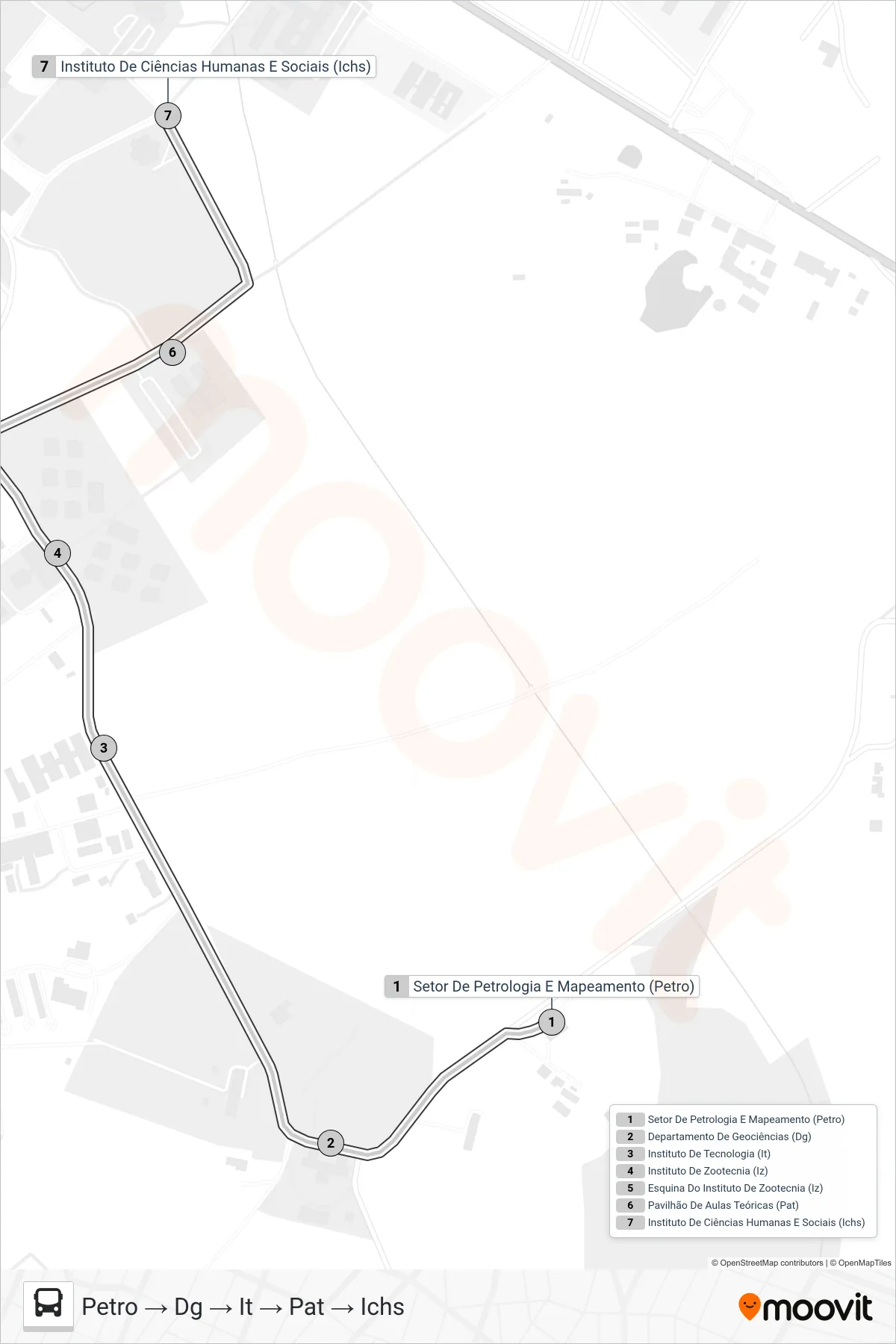 Rota e paradas da linha de ônibus  CIRCULAR UFRRJ  (Petro → Dg → It → Pat → Ichs) no mapa