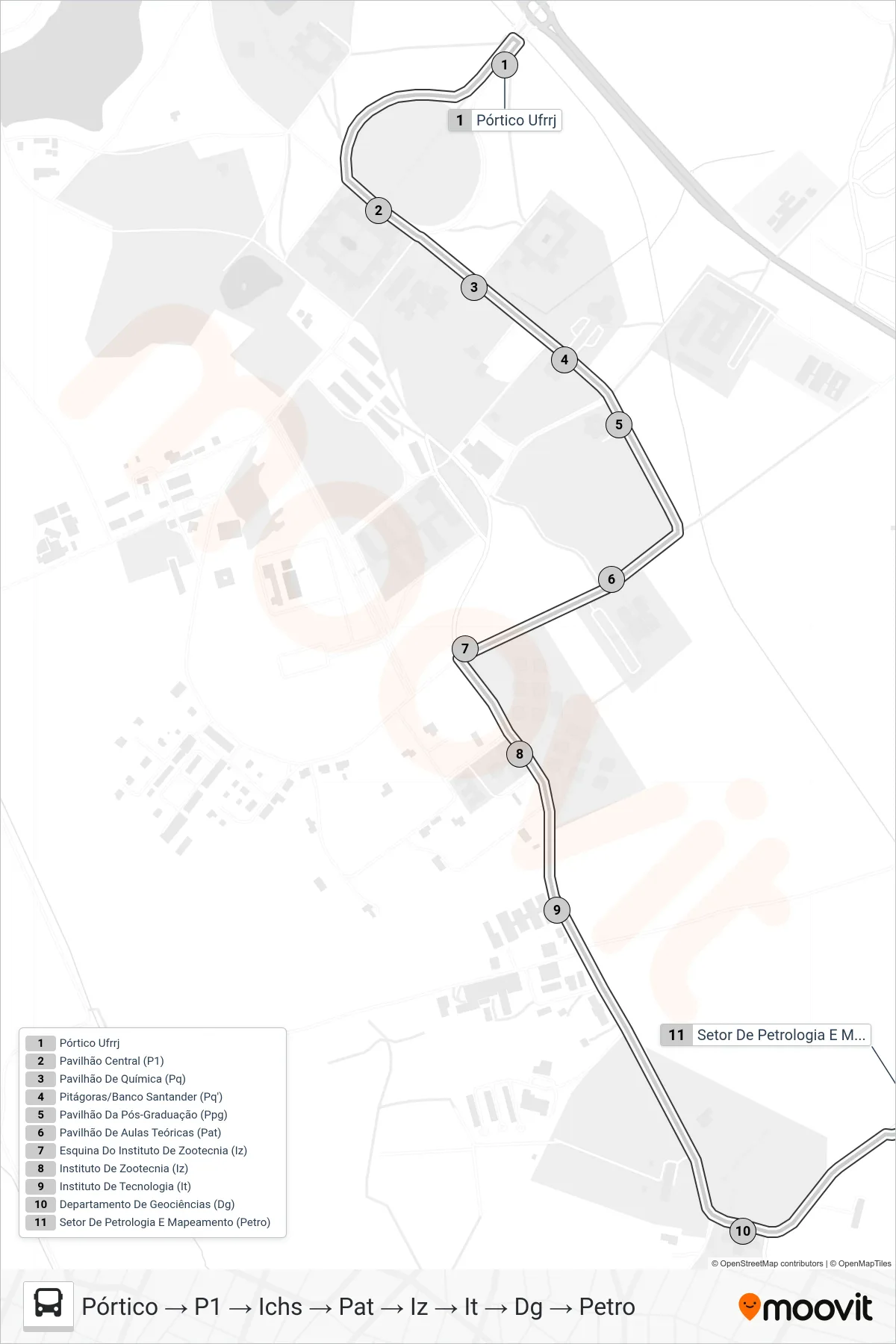 CIRCULAR UFRRJ bus Line (Pórtico → P1 → Ichs → Pat → Iz → It → Dg → Petro) route and stops on a map