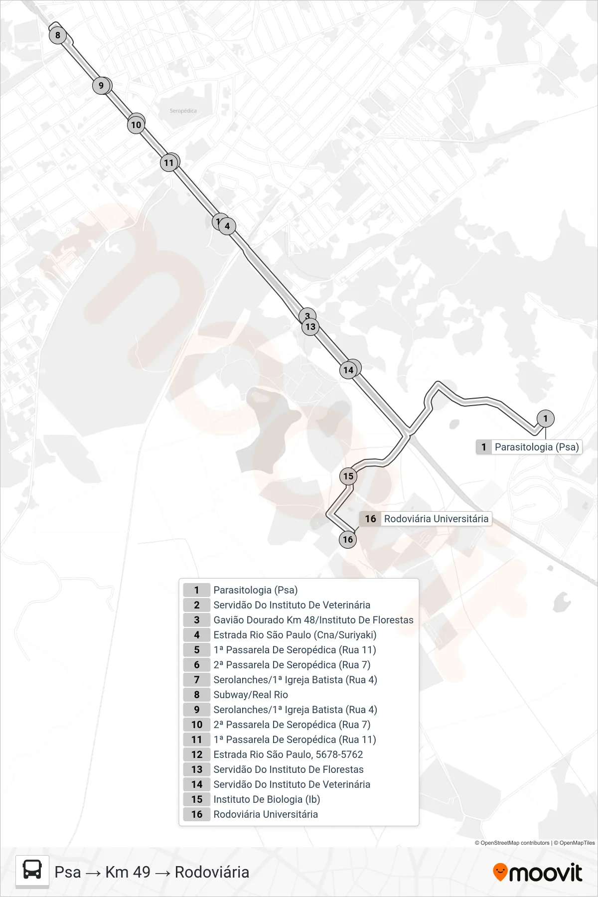 CIRCULAR UFRRJ bus Line (Psa → Km 49 → Rodoviária) route and stops on a map