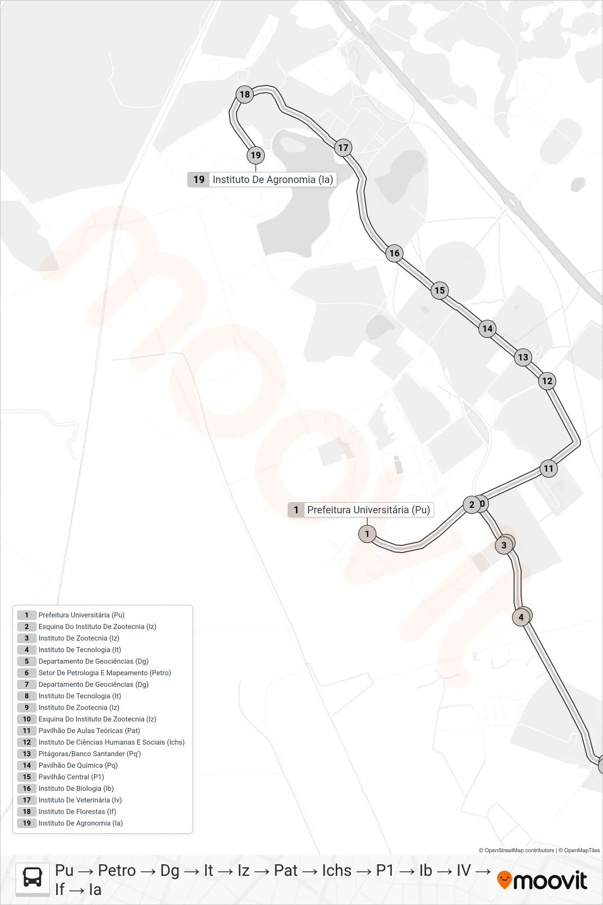 CIRCULAR UFRRJ bus Line (Pu → Petro → Dg → It → Iz → Pat → Ichs → P1 → Ib → IV → If → Ia) route and stops on a map