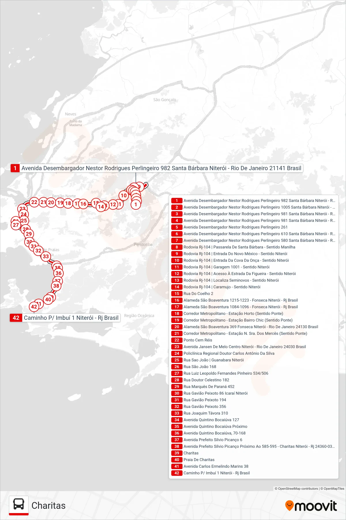 Rota e paradas da linha de ônibus 62 (Charitas) no mapa