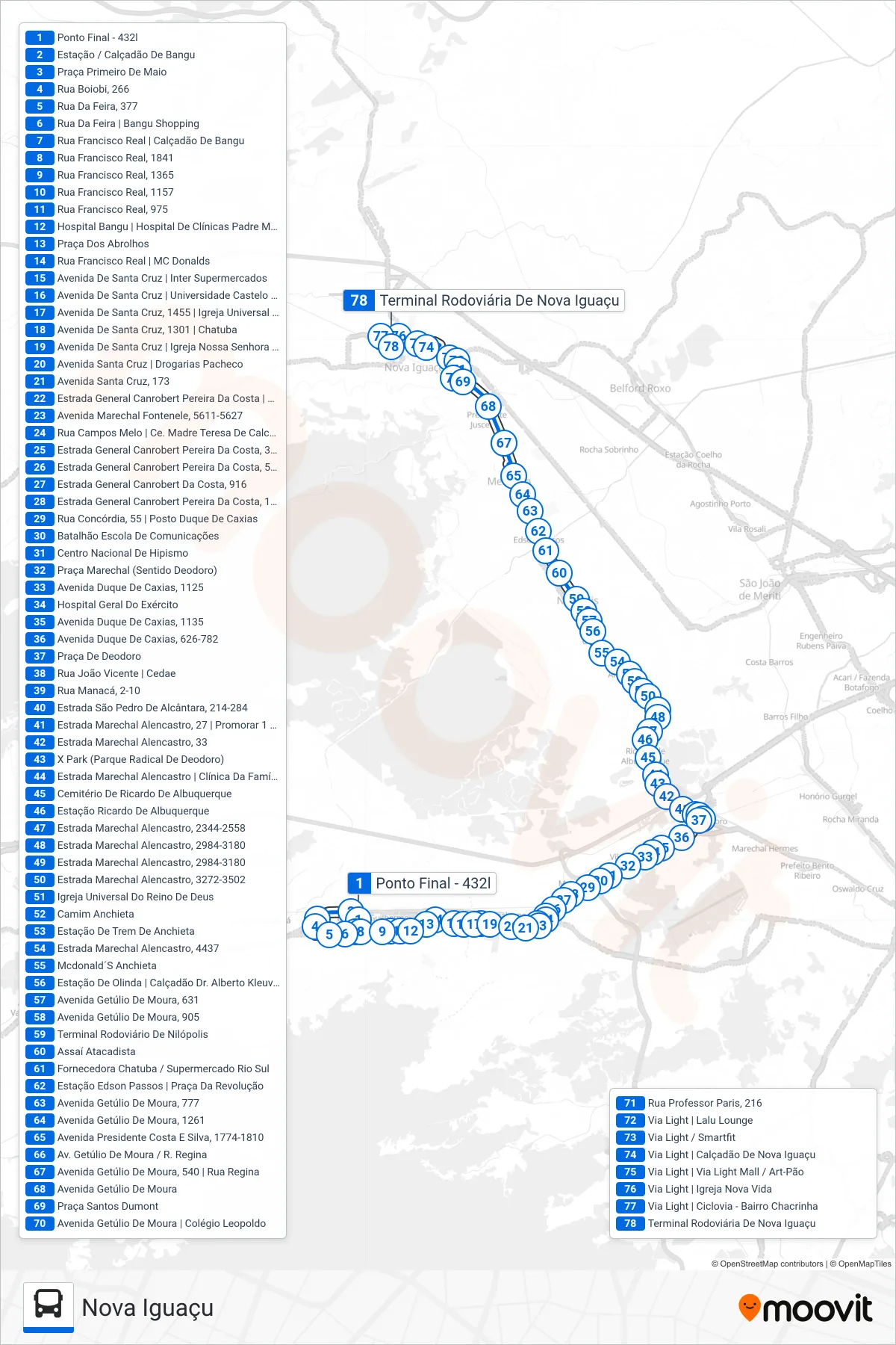 Rota e paradas da linha de ônibus 432 (Nova Iguaçu) no mapa