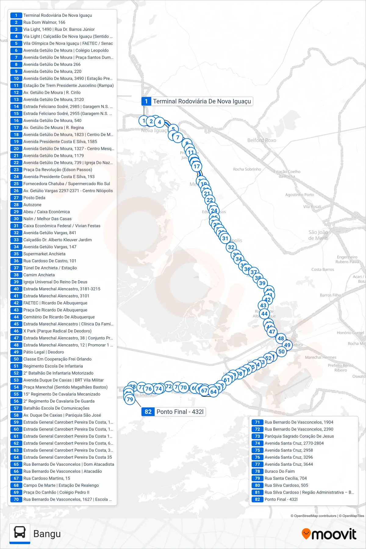 Rota e paradas da linha de ônibus 432 (Bangu) no mapa