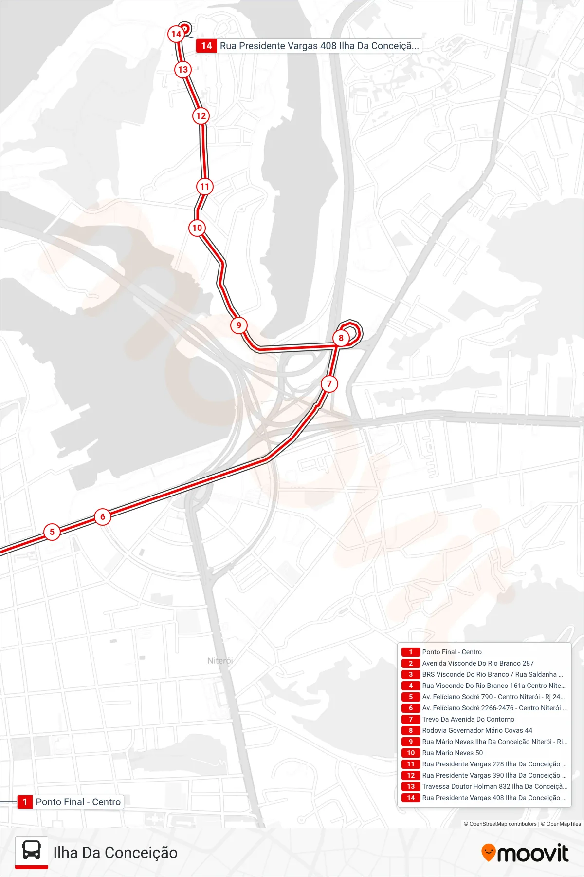 Rota e paradas da linha de ônibus  15  (Ilha Da Conceição) no mapa