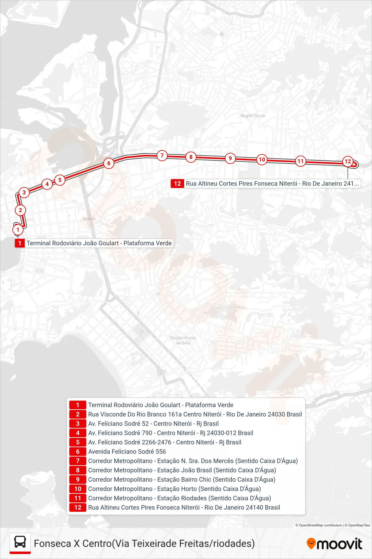 Rota e paradas da linha de ônibus 21 (Bonfim) no mapa