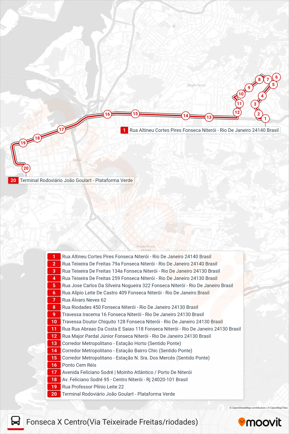 Rota e paradas da linha de ônibus 21 (Terminal João Goulart) no mapa