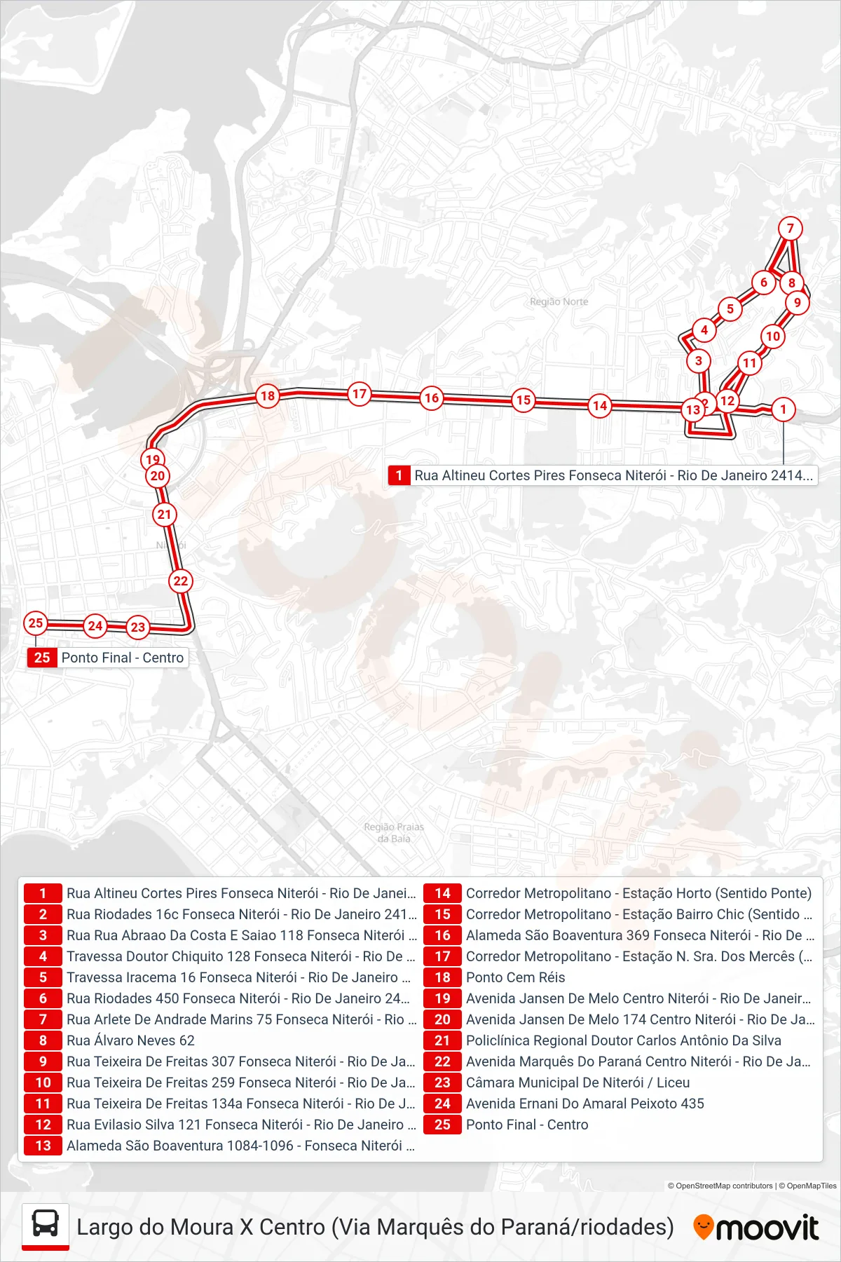 Rota e paradas da linha de ônibus 22 (Amaral Peixoto) no mapa