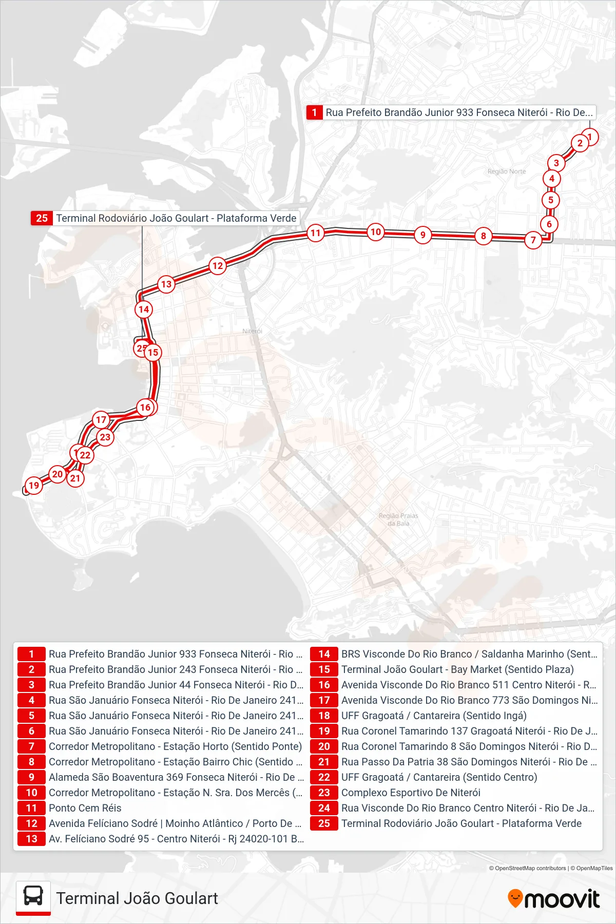Rota e paradas da linha de ônibus 24 (Terminal João Goulart) no mapa