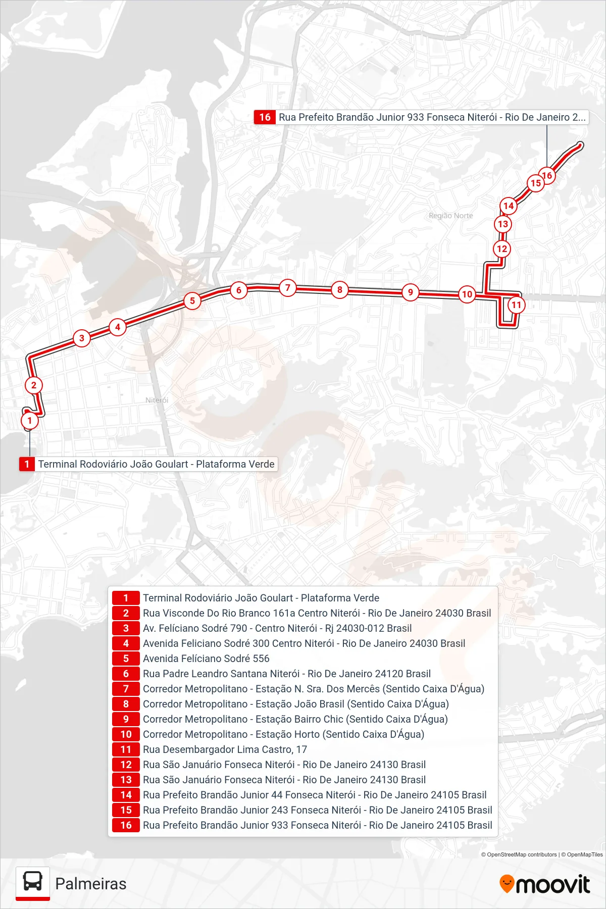 Rota e paradas da linha de ônibus 24 (Palmeiras) no mapa